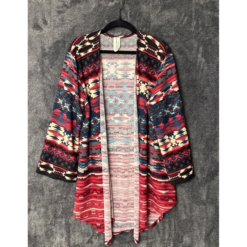 Now N Forever Cardigan Women Medium Red Southwestern Geometric Open Front Kimono